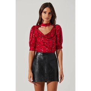 ASTR The Label Red Floral Mock Neck Cowl Drape Top Women's M Baddie EMO